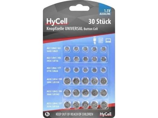 HyCell 5015473, Kertakäyttöinen akku, LR60, LR66, LR41, LR43, LR44, LR54, Alkali, 1,5 V, 30 kpl, Hopea