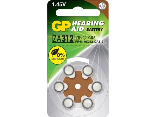 GP Batteries Hearing Aid ZA312, Engangsbatteri, PR41, Zink-luft, 1,4 V, 6 stykker, 3,6 mm
