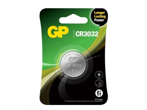 GP Batteries Lithium CR3032, Engångsbatteri, CR3032, Lithium-Manganese Dioxide (LiMnO2), 3 V, 1 styck, 10 År