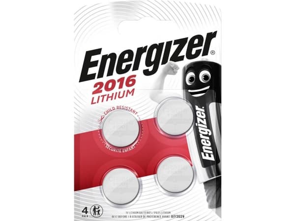 Knapcelle batterier Energizer Lithium CR2016, 3V, pakke a 4 stk.