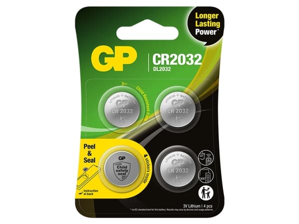 GP Batteries Lithium CR2032, Engangsbatteri, CR2032, Lithium-Manganese Dioxide (LiMnO2), 3 V, 4 stykker, 165 mAh