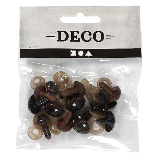 Assortiment av näsor och ögon för nallar - Svart - 10 till 25 mm - 12 st - Plast - Låsskiva