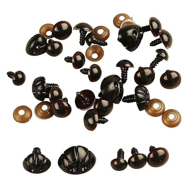 Assortiment av näsor och ögon för nallar - Svart - 10 till 25 mm - 12 st - Plast - Låsskiva