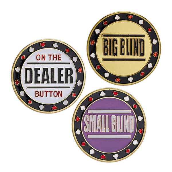 Relaxdays Set med 3 pokerknappar, "Dealer", "Big Blind" och "Small Blind", med fodral för vardera, Ø 4 cm, gyllene