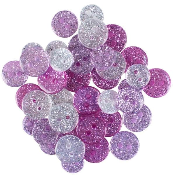 Mauve glittrande akrylknappar 1 till 1,3 cm 36 stycken