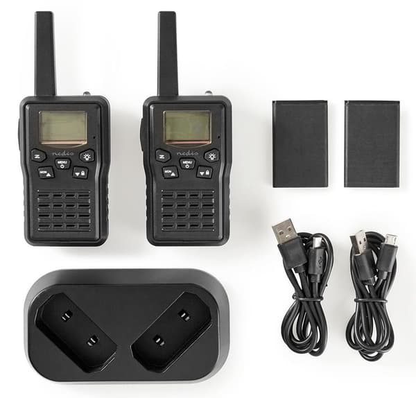 NEDIS vysílačka/ dosah 10 km/ 8 kanálů/ UHF/ VOX/ LED světlo/ nabíjecí základna/ micro USB/ 2 kusy/ černá
