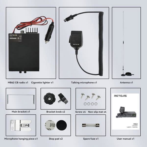 Retevis MB62 Radio CB Mobil, Komplett Kit, Mini, med Antenn, AM/FM, VOX, EMG CH9/19, ASQ/SQ, Lätt att Använda, för Lastbilsförare