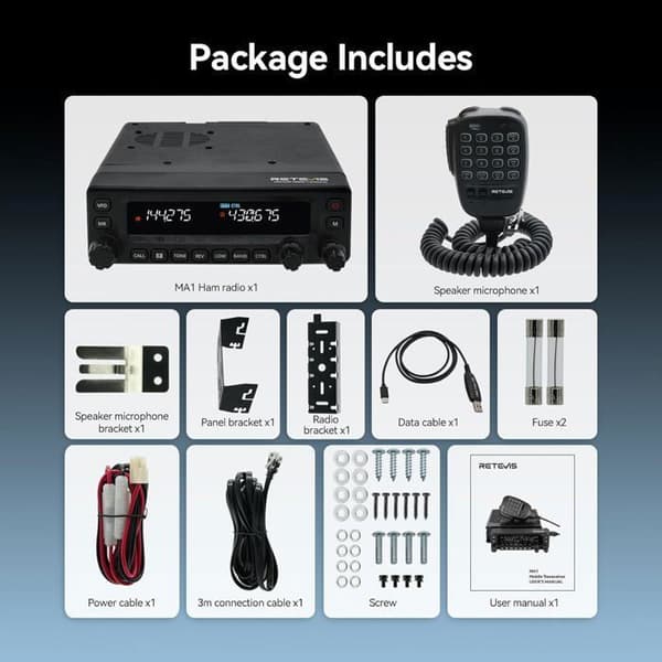 Retevis MA1 Radioamatör, CB Radio 50W med Avtagbar Kontrollpanel, Multiband Repeater, 2m/70cm/FM/AM, 800 Kanaler, för Lastbilar