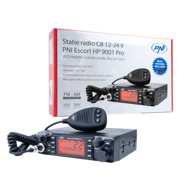 Radio CB PNI Escort HP 9001 Pro ASQ justerbar, AM-FM, 12V / 24V, 4W, scanning, Dual Watch, ANL, Flerfärgad skärm