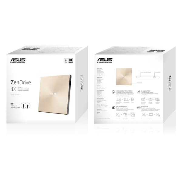 ASUS ZenDrive U9M SDRW-08U9M-U - Drev - DVD+/-RW (+/-R DL) - 8x/8x - USB2.0 - ekstern - guld (90DD02A5-M29000)