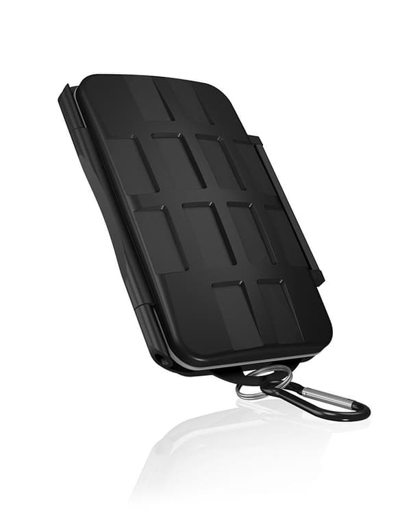 ICY BOX SD-kortopbevaring til 28 hukommelseskort (8X SD, 16x Micro-SD, 4X CF), kliplås, etui med karabinhage, sort