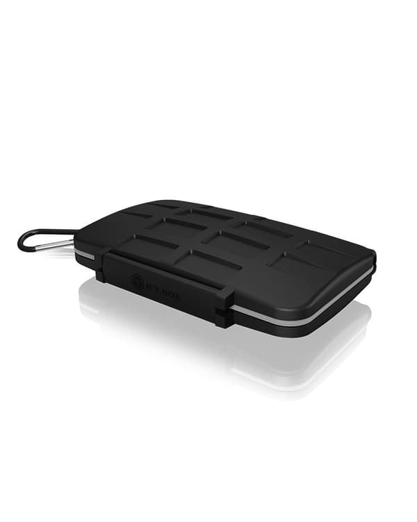 ICY BOX SD-kortopbevaring til 28 hukommelseskort (8X SD, 16x Micro-SD, 4X CF), kliplås, etui med karabinhage, sort