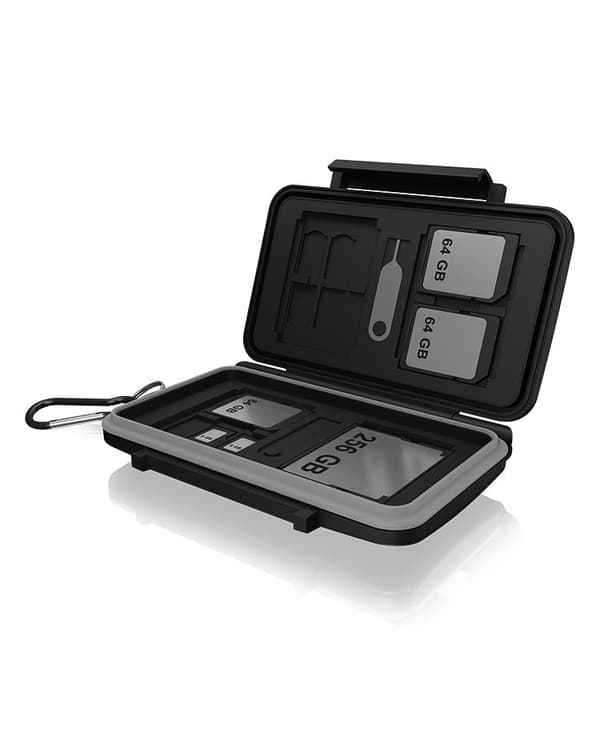 ICY BOX SD-kortopbevaring til 28 hukommelseskort (8X SD, 16x Micro-SD, 4X CF), kliplås, etui med karabinhage, sort