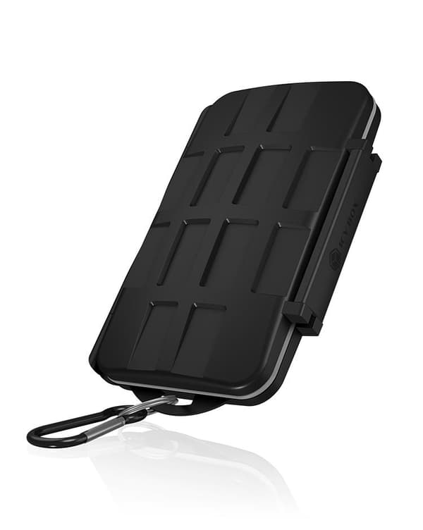 ICY BOX SD-kortopbevaring til 28 hukommelseskort (8X SD, 16x Micro-SD, 4X CF), kliplås, etui med karabinhage, sort