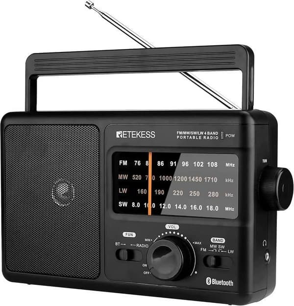 Retecess TR626 Bärbar radio, batteri- och nätradio, FM AM SW LW, Bluetooth-högtalare, hörlursuttag, för äldre (svart)