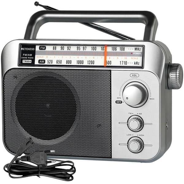 Retekess TR604 Bärbar FM-radio, batteri och elnät, antennmottagning, högtalare, hörlursuttag, stor skärm, för äldre (silver)