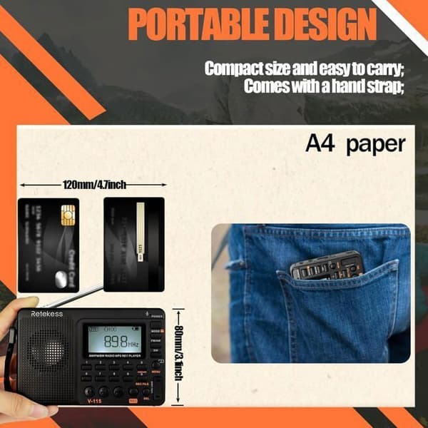 Retecess V115 Bärbar Radio, Liten Laddningsbar Radio, FM AM SW, Batterier och Elnät, TF-kort, Inspelare, MP3, Sleep Timer