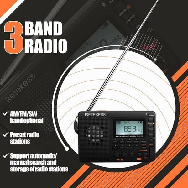 Retecess V115 Bärbar Radio, Liten Laddningsbar Radio, FM AM SW, Batterier och Elnät, TF-kort, Inspelare, MP3, Sleep Timer