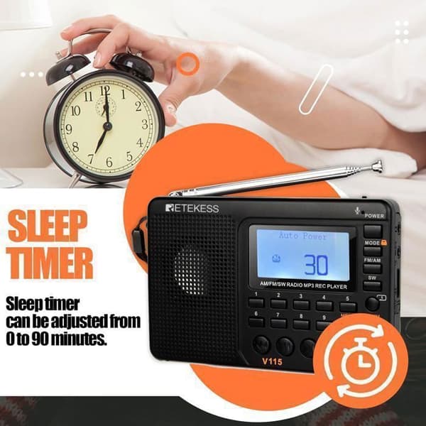 Retecess V115 Bärbar Radio, Liten Laddningsbar Radio, FM AM SW, Batterier och Elnät, TF-kort, Inspelare, MP3, Sleep Timer