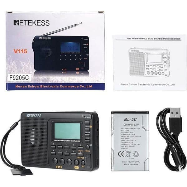 Retecess V115 Bärbar Radio, Liten Laddningsbar Radio, FM AM SW, Batterier och Elnät, TF-kort, Inspelare, MP3, Sleep Timer