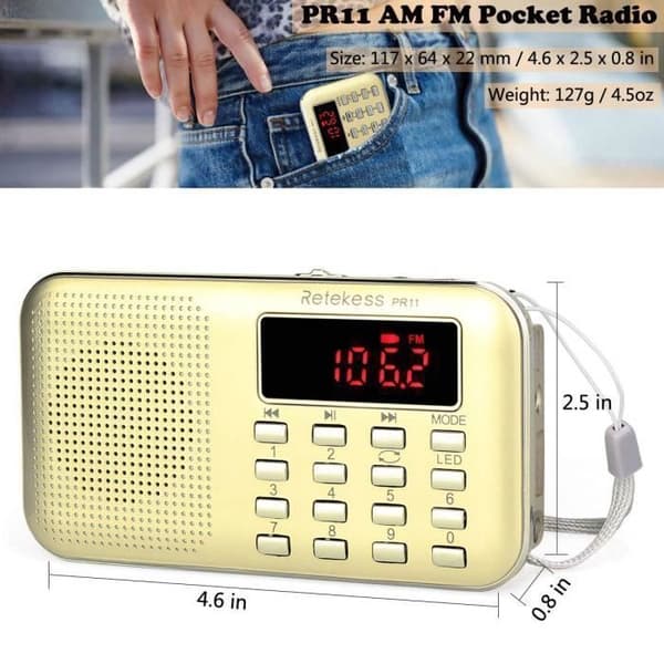 Retekess PR11 Bärbar Radio, FM AM Batteri och Nätdrift, MP3, Högtalare, Stöd för TF-kort/USB, Ficklampa, för Överlevnad, Resa