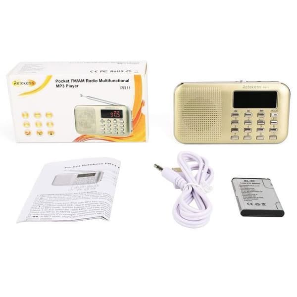 Retekess PR11 Bärbar Radio, FM AM Batteri och Nätdrift, MP3, Högtalare, Stöd för TF-kort/USB, Ficklampa, för Överlevnad, Resa