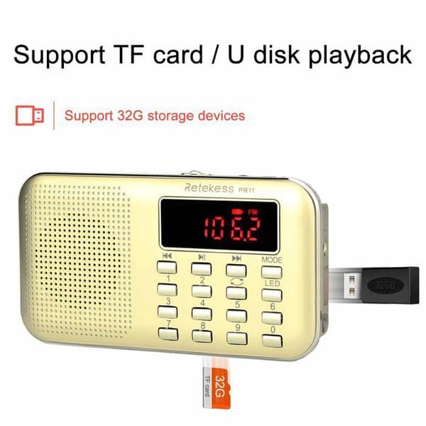 Retekess PR11 Bärbar Radio, FM AM Batteri och Nätdrift, MP3, Högtalare, Stöd för TF-kort/USB, Ficklampa, för Överlevnad, Resa