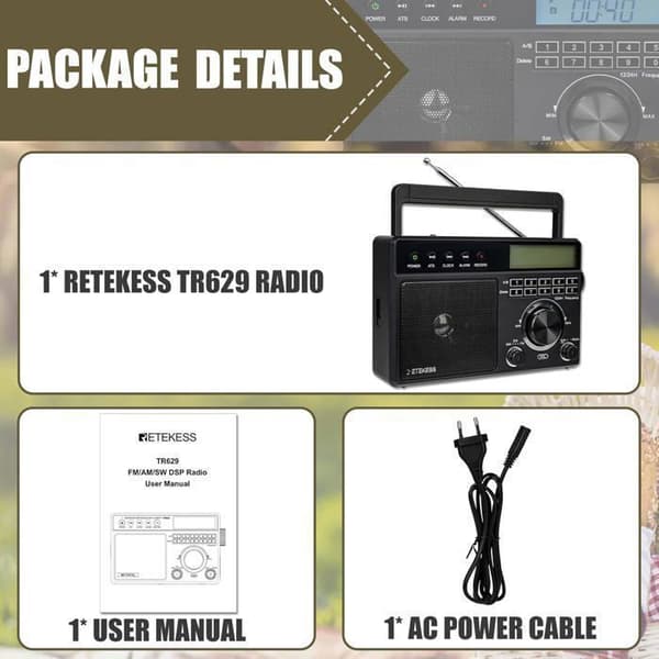 Retekess TR629 Bärbar Radio, Dab Radio, FM AM SW, USB Micro SD-kort, MP3, Högtalare, Hörlursuttag, Väckarklocka, LCD-skärm, Enkel