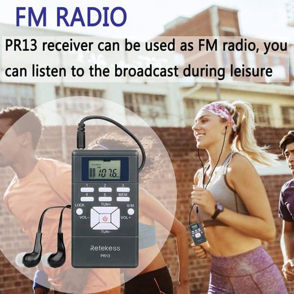 Retekess PR13 Bärbar Mini Radio, FM Radio, med Hörlurar, Digital Klocka, för Löpning, Vandring, Camping, Present