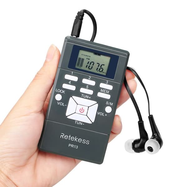 Retekess PR13 Bärbar Mini Radio, FM Radio, med Hörlurar, Digital Klocka, för Löpning, Vandring, Camping, Present