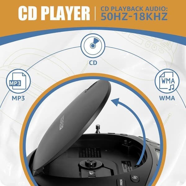Retekess TR634 Bärbar CD Spelare, Bluetooth Radio FM, Boombox Stereo, CD Spelare, Fjärrkontroll, MP3, USB, AUX, LCD Skärm, Kompakt Robust