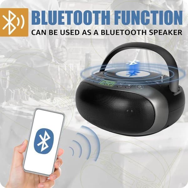 Retekess TR634 Bärbar CD Spelare, Bluetooth Radio FM, Boombox Stereo, CD Spelare, Fjärrkontroll, MP3, USB, AUX, LCD Skärm, Kompakt Robust