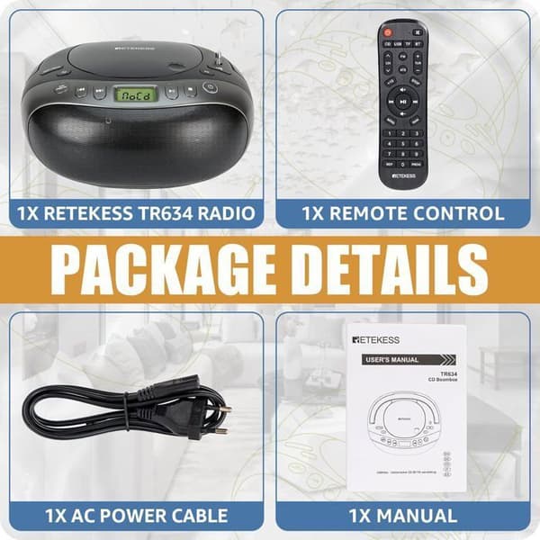 Retekess TR634 Bärbar CD Spelare, Bluetooth Radio FM, Boombox Stereo, CD Spelare, Fjärrkontroll, MP3, USB, AUX, LCD Skärm, Kompakt Robust