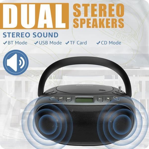 Retekess TR634 Bärbar CD Spelare, Bluetooth Radio FM, Boombox Stereo, CD Spelare, Fjärrkontroll, MP3, USB, AUX, LCD Skärm, Kompakt Robust