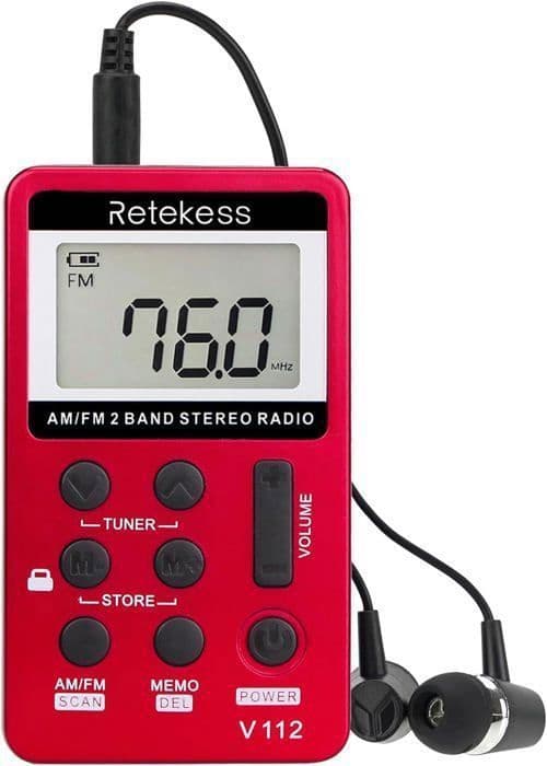 Retekess V112 Mini Pocket FM-radio, Bärbar Radio, FM AM, Uppladdningsbar Walkman, Väckarklocka, Hörlursuttag, Utomhus, för löpning