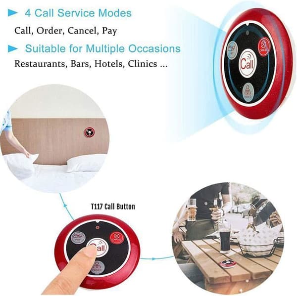 Retecess T117 personsökare trådlöst system, trådlös anropsknapp, 4 funktioner, vattentät, för T114-skärm TD106 eller T128-klocka, hotell, bar