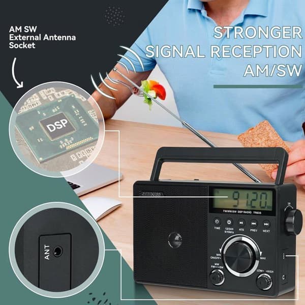 Reteness TR635 Bärbar radio, FM/AM/SW, batteri- och nätradio, stor volym, högtalare, hörlursuttag, för äldre personer