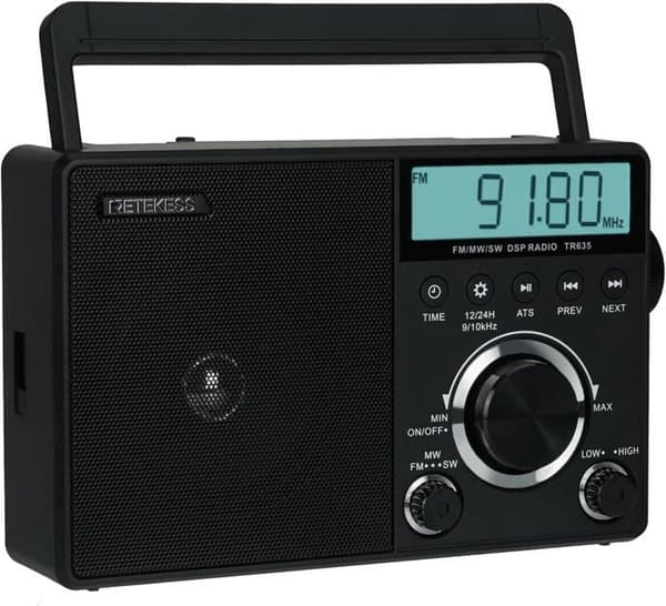 Reteness TR635 Bärbar radio, FM/AM/SW, batteri- och nätradio, stor volym, högtalare, hörlursuttag, för äldre personer