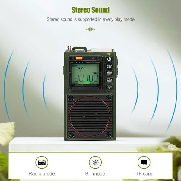 Reteness TR111 Bärbar Multiband Radio, FM VHF AM SW WB Radio, SOS Stereo Bas Alarm, Smart APP Fjärrkontroll, MP3/TF