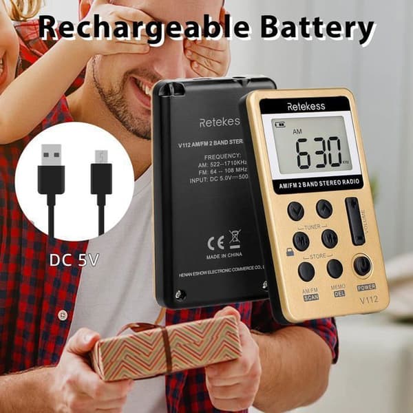 Retekess V112 Mini Radio FM, Bärbar Radio, FM AM, Uppladdningsbar Walkman, Väckarklocka, Hörlursuttag, För Utomhusbruk, För Sport (Gul)