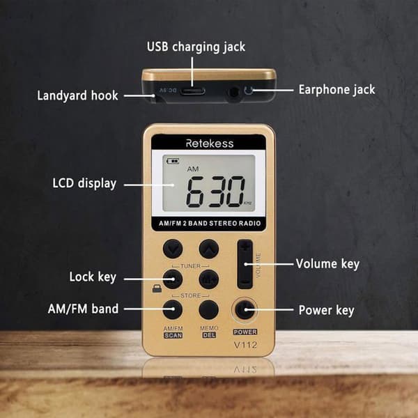 Retekess V112 Mini Radio FM, Bärbar Radio, FM AM, Uppladdningsbar Walkman, Väckarklocka, Hörlursuttag, För Utomhusbruk, För Sport (Gul)
