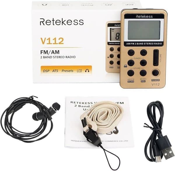 Retekess V112 Mini Radio FM, Bärbar Radio, FM AM, Uppladdningsbar Walkman, Väckarklocka, Hörlursuttag, För Utomhusbruk, För Sport (Gul)