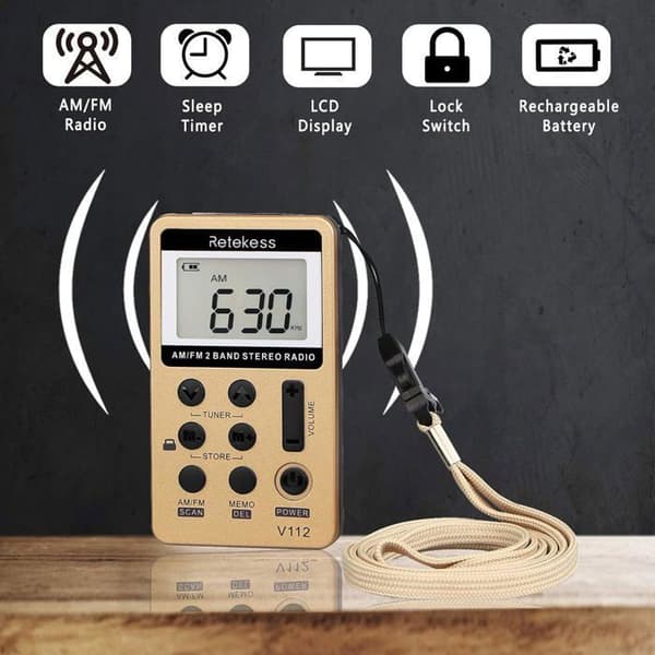 Retekess V112 Mini Radio FM, Bärbar Radio, FM AM, Uppladdningsbar Walkman, Väckarklocka, Hörlursuttag, För Utomhusbruk, För Sport (Gul)