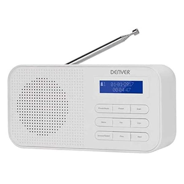 Dab+ och FM digitalradio. DENVER DAB-42WHITE. Klocka, Alarm och väckarklocka, med batteri och energi. 1W. Träfinish