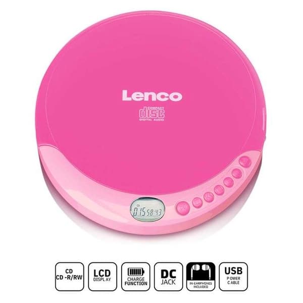 Bärbar CD-spelare - Lenco - CD-011 - Rosa - Hörlurar ingår - Uppladdningsbar via Micro USB