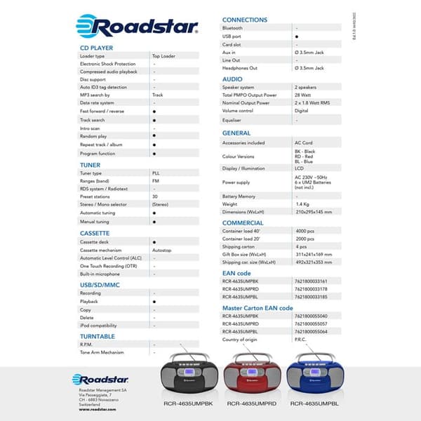 Radio Portabel - Roadstar - RCR-4635UMPRD - Röd - CD-MP3 Spelare - PLL Tuner