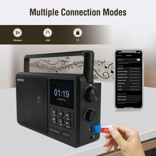 Retekess TR640 Radio Internet, Digital Dab Radio Bärbar, Digital FM Radio, Trådlös Anslutning, Extern Antenn, Lämplig för Entusiaster
