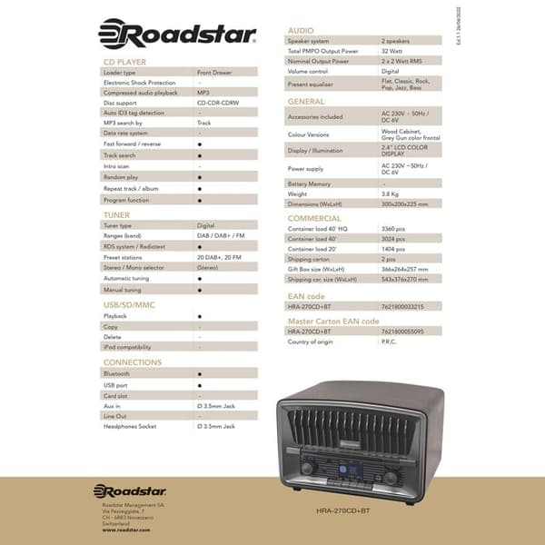 Radio CD Bärbar Vintage DAB+/FM CD-MP3 Bluetooth Läsare, USB Fjärrkontroll Roadstar HRA-270CD-MP3CD+BT Trä 33215