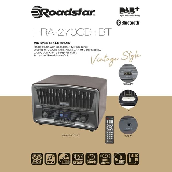 Radio CD Bärbar Vintage DAB+/FM CD-MP3 Bluetooth Läsare, USB Fjärrkontroll Roadstar HRA-270CD-MP3CD+BT Trä 33215