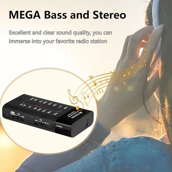Radio Portativ TR107 Retekess 10st, Mini Fickbärbar FM AM Stereo Support BBS Mega Bass, med hörlurar för jogging
